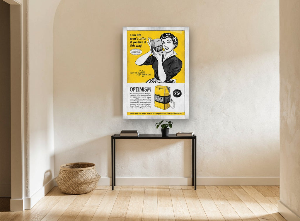 Optimism, One Pound vintage canvas print on the wall of a hallway
