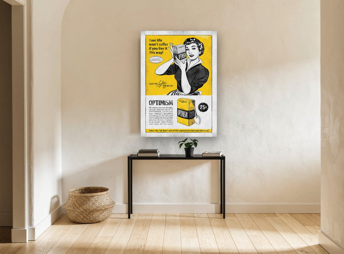 Optimism, One Pound vintage canvas print on the wall of a hallway