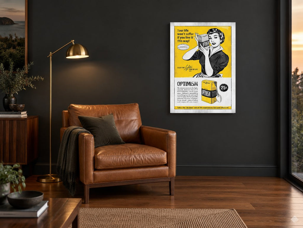 Optimism, One Pound vintage canvas print on the wall of a charcoal living room