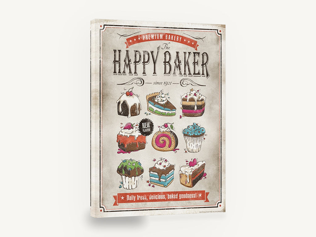 The Happy Baker, retro bakery cake advertising poster, stretched canvas wall art print ready to hang