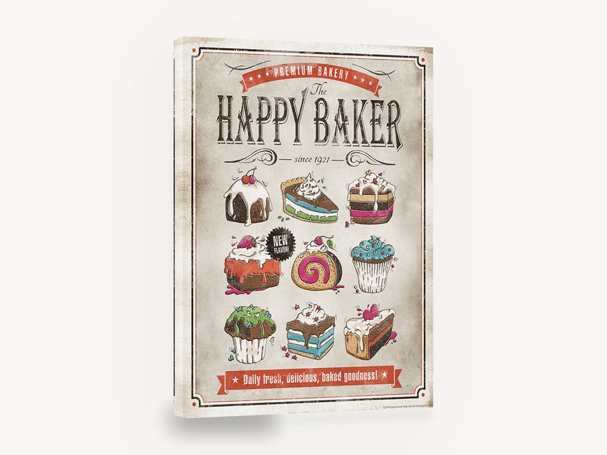 The Happy Baker, retro bakery cake advertising poster, stretched canvas wall art print ready to hang