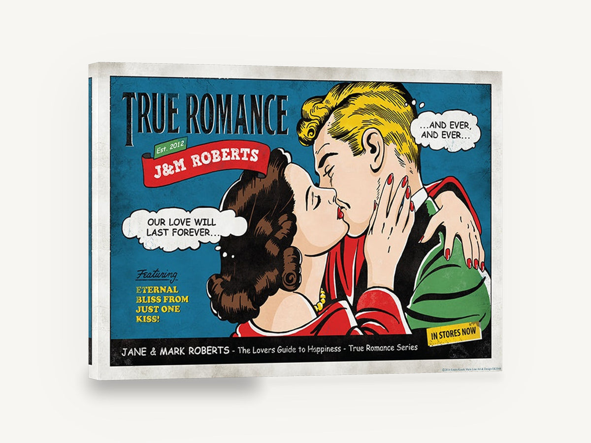 True Romance Kiss, retro comic book romance poster, stretched canvas wall art print ready to hang