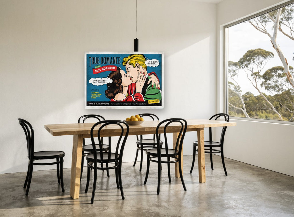 True Romance Kiss vintage canvas print on the wall of a dining room
