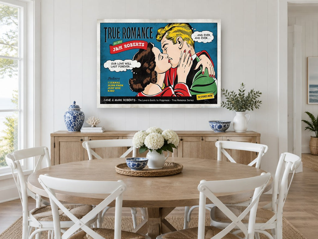 True Romance Kiss vintage canvas print on the wall of a Hamptons dining room