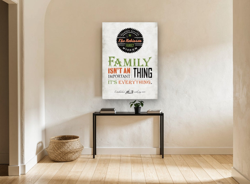 Family Is Everything vintage canvas print on the wall of a hallway