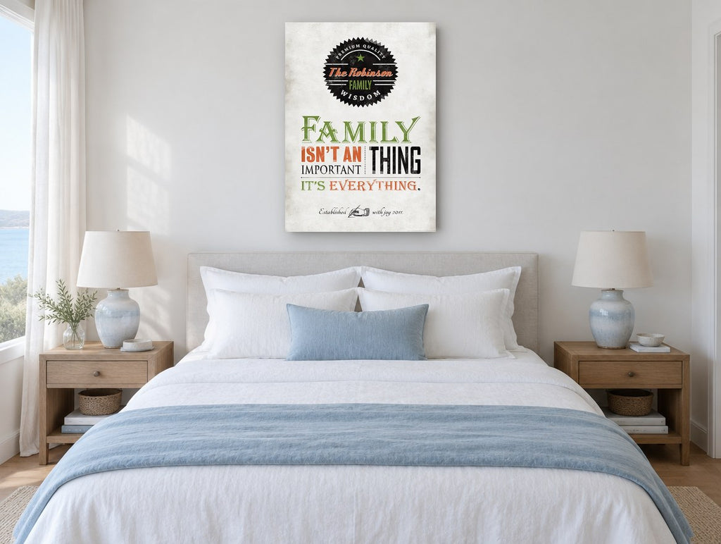Family Is Everything vintage canvas print on the wall of a coastal bedroom