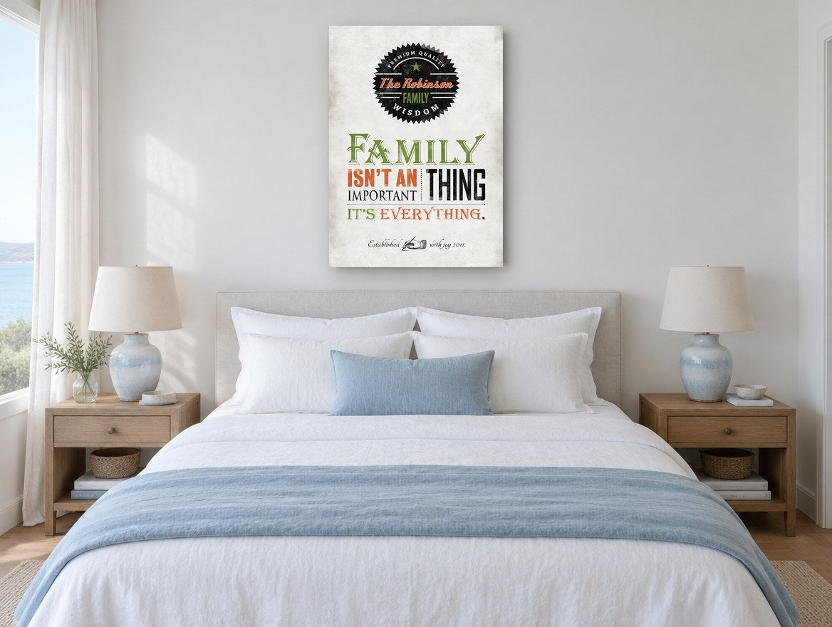 Family Is Everything vintage canvas print on the wall of a coastal bedroom