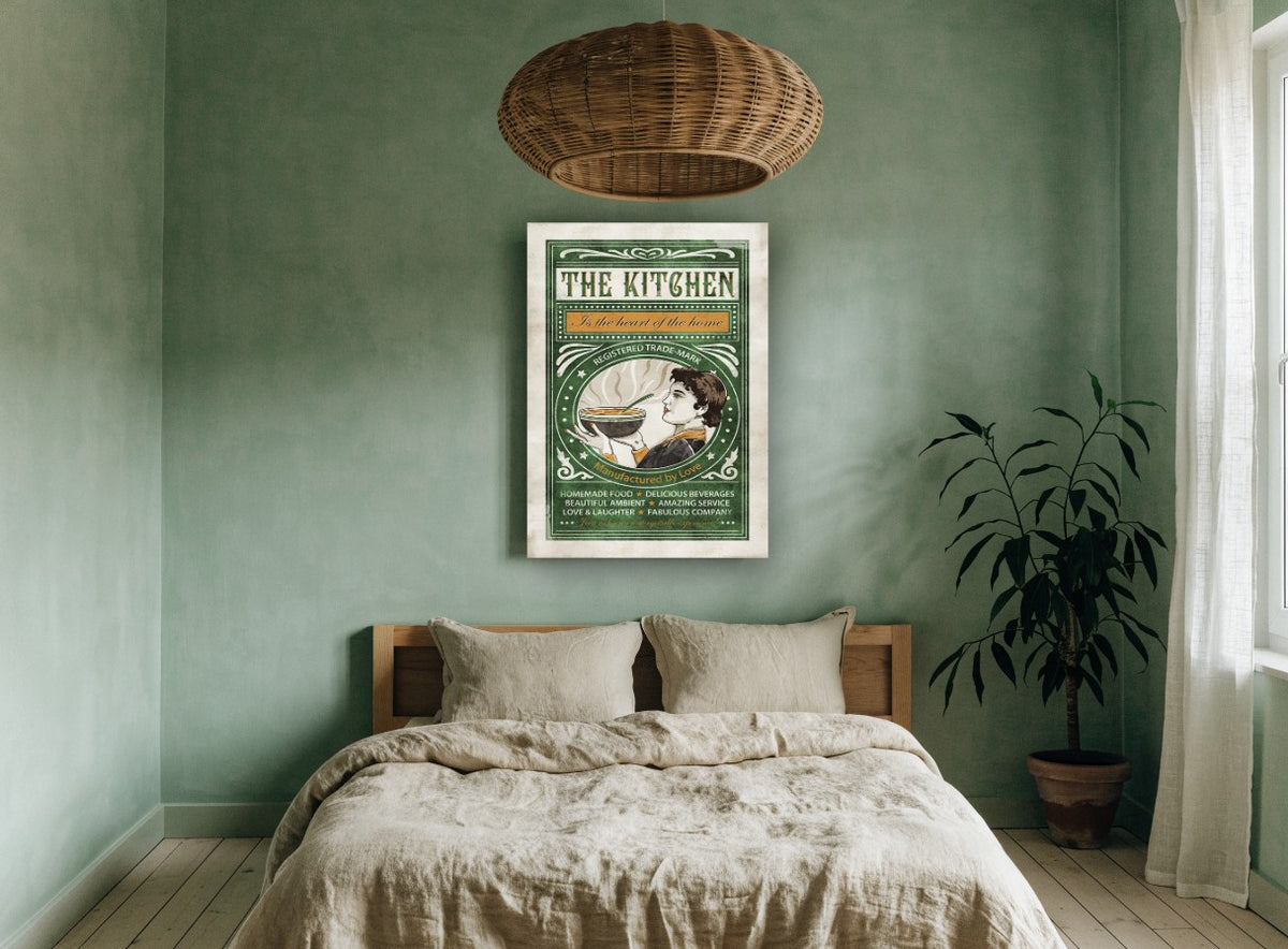 Heart of the Home vintage canvas print on the wall of a bedroom
