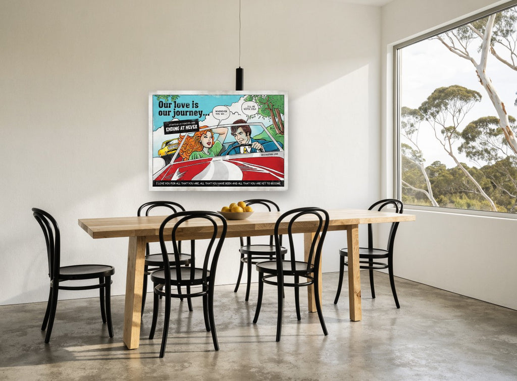Our Love Is Our Journey vintage canvas print on the wall of a dining room