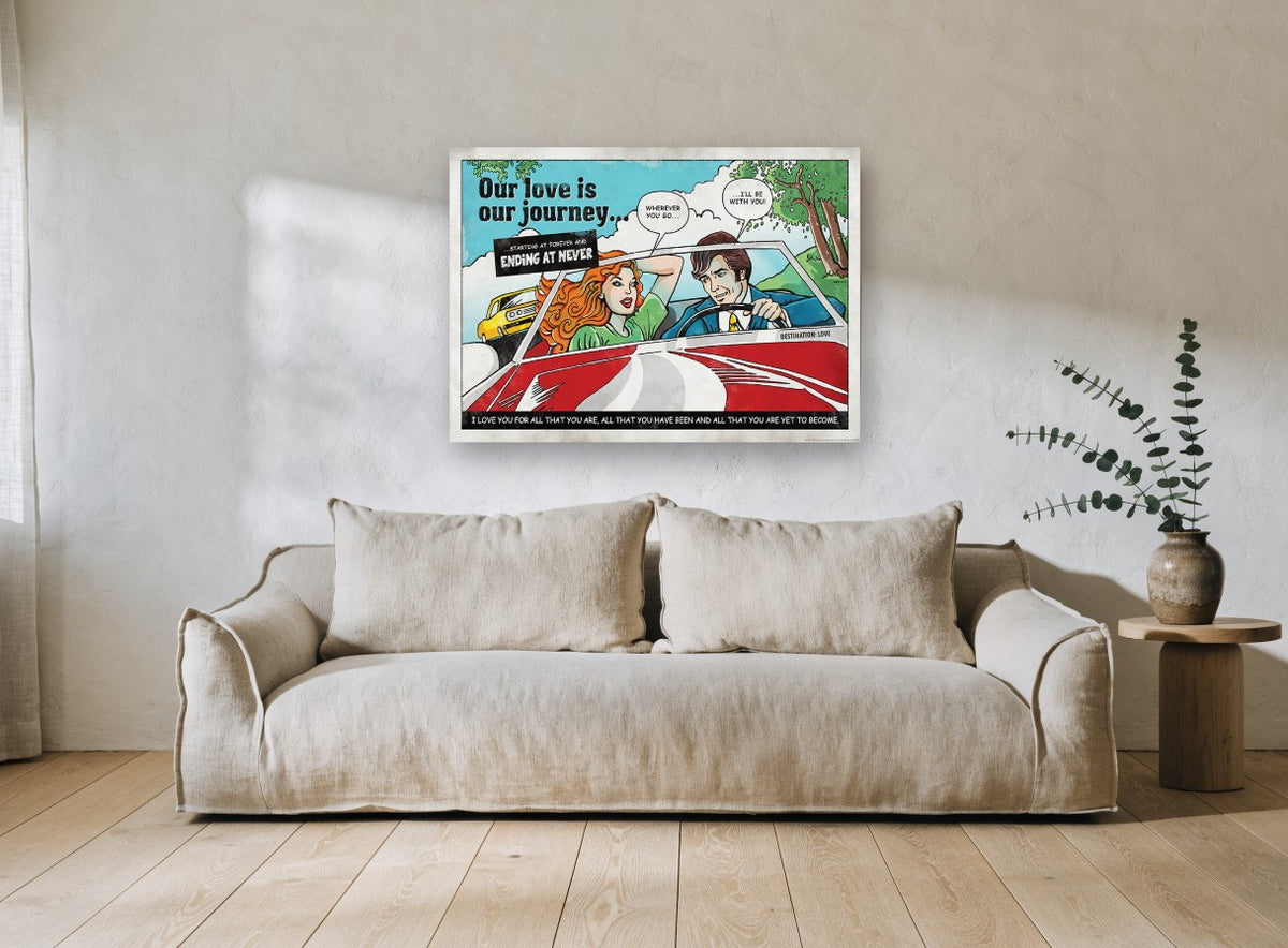 Our Love Is Our Journey vintage canvas print on the wall of a living room