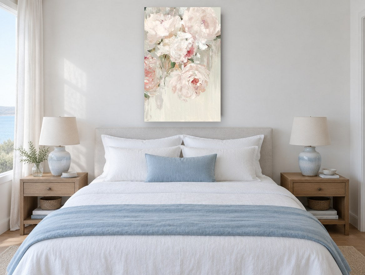 Blush Peony Drift floral canvas print on the wall of a coastal bedroom