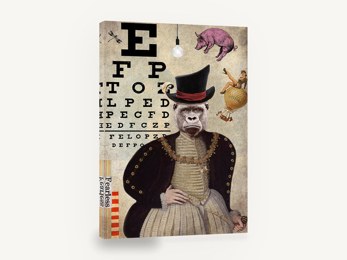 Fearless Gorilla Eye Test, gorilla eye chart collage illustration, animal canvas wall art print ready to hang