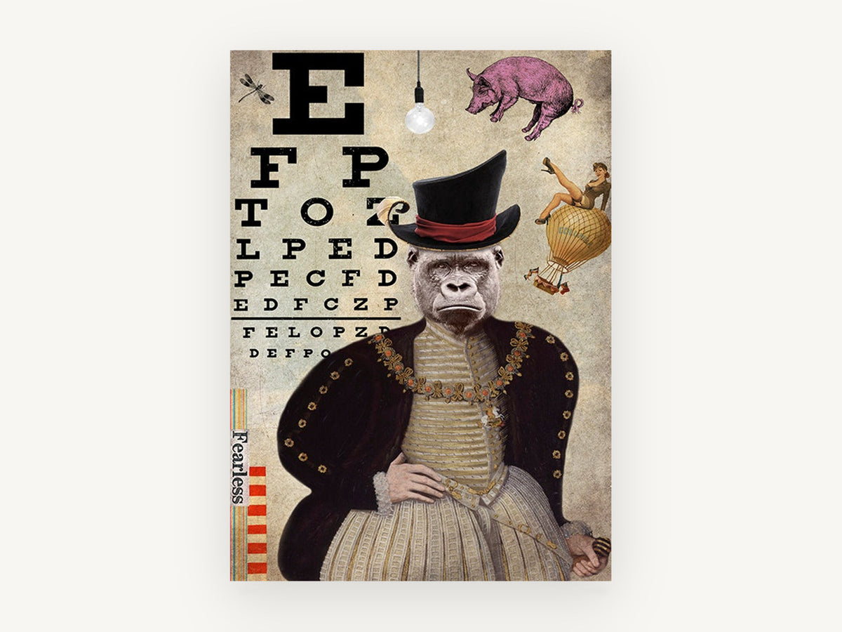Fearless Gorilla Eye Test, gorilla eye chart collage illustration, animal canvas wall art print, front view