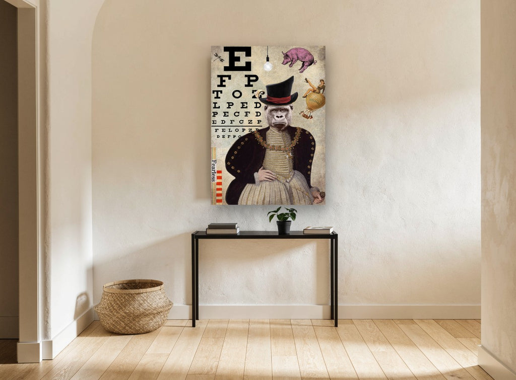 Fearless Gorilla Eye Test animal canvas print on the wall of a hallway
