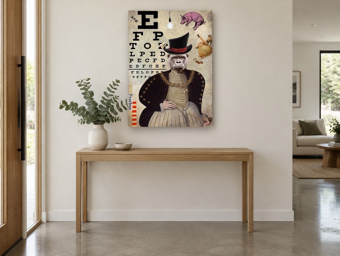 Fearless Gorilla Eye Test animal canvas print on the wall of a entry hall