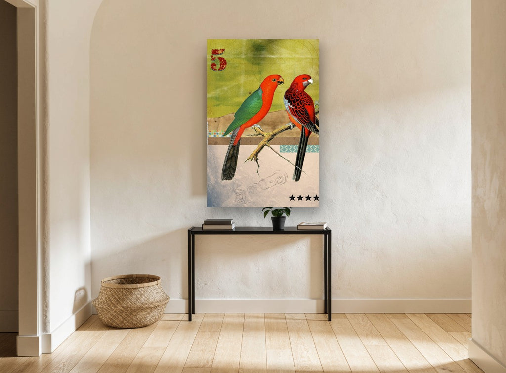Two Parrots Collage animal canvas print on the wall of a hallway