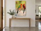 Two Parrots Collage animal canvas print on the wall of a entry hall