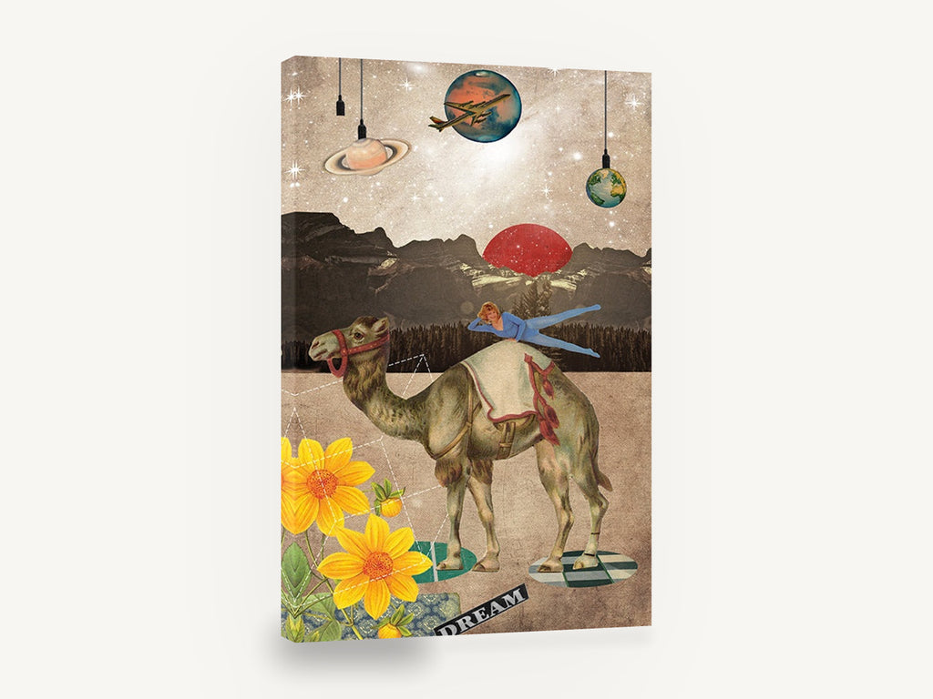 Dreaming Camel Collage, surreal camel collage illustration, animal canvas wall art print ready to hang