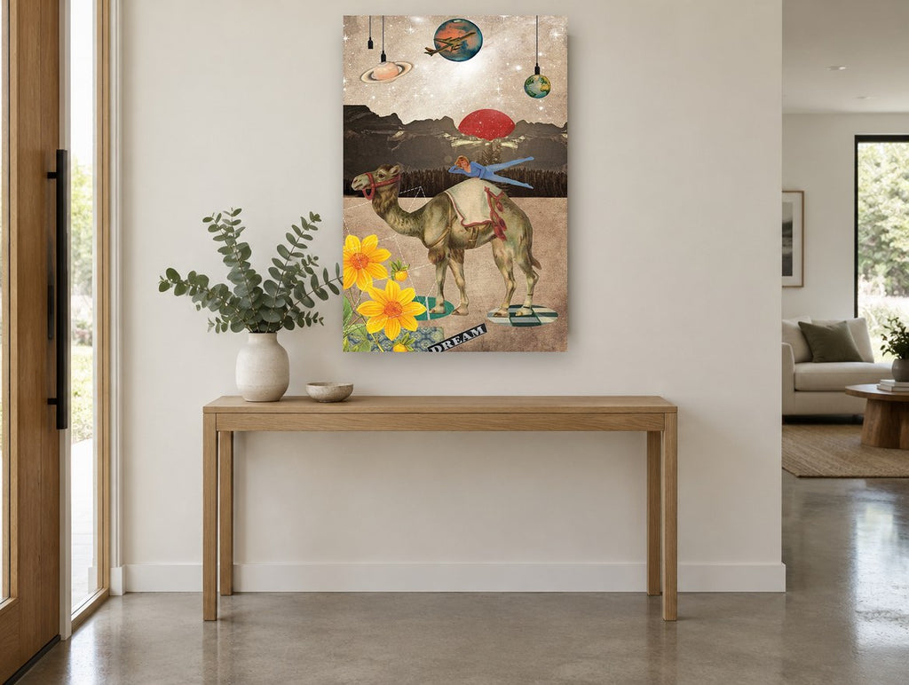 Dreaming Camel Collage animal canvas print on the wall of a entry hall