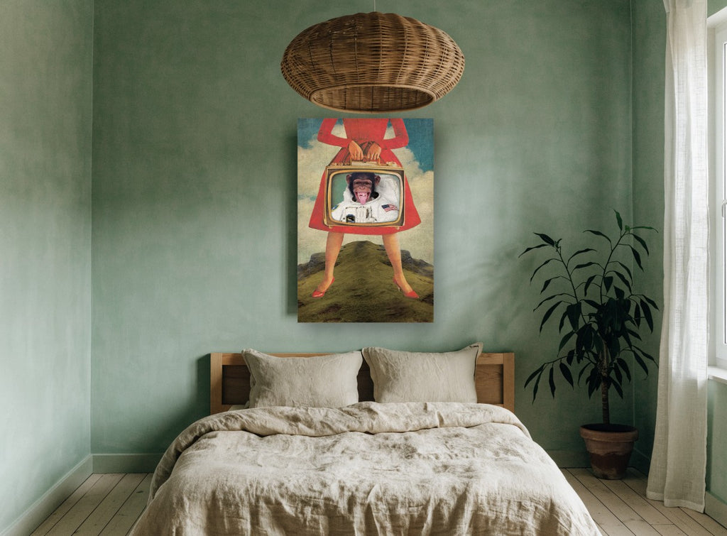 Astronaut Chimp Television animal canvas print on the wall of a bedroom