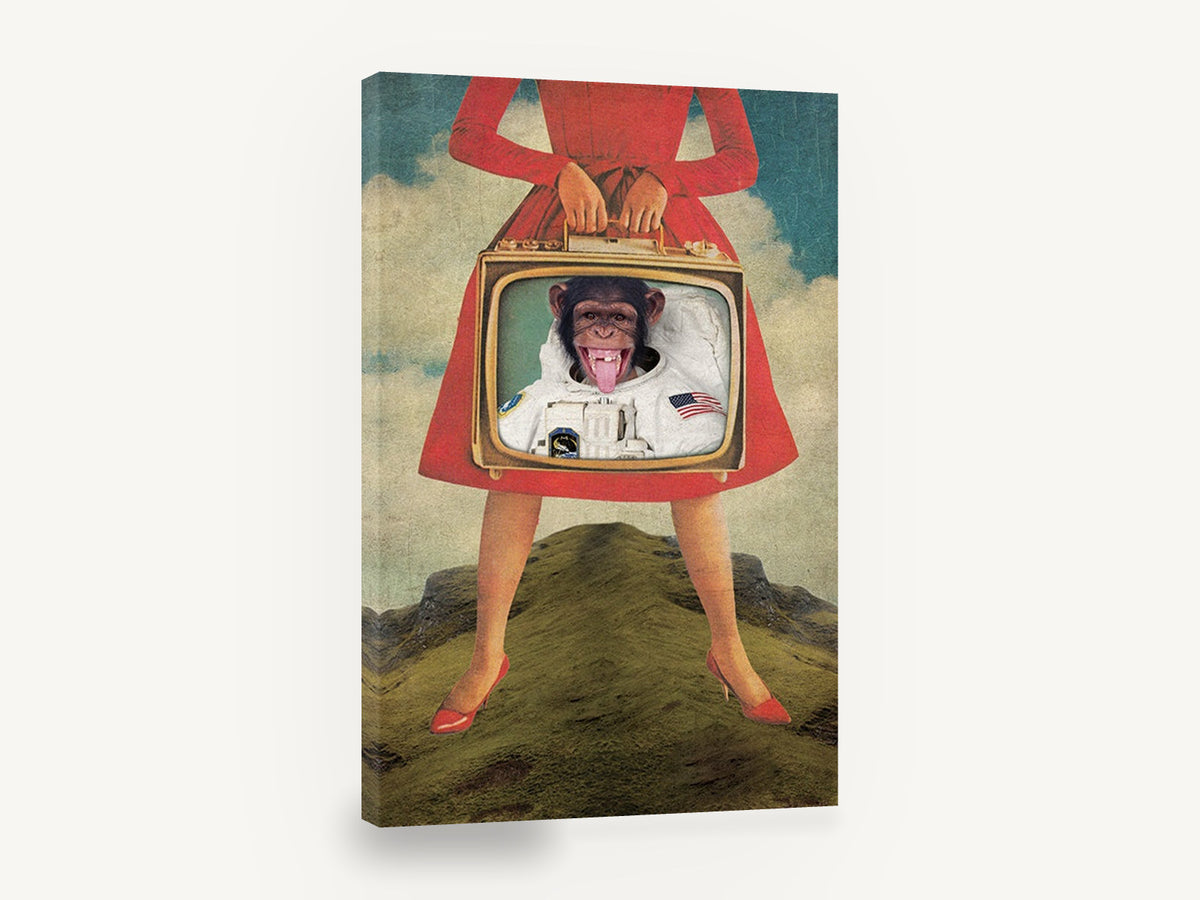 Astronaut Chimp Television, surreal chimpanzee astronaut collage, animal canvas wall art print ready to hang