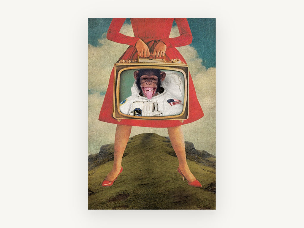 Astronaut Chimp Television, surreal chimpanzee astronaut collage, animal canvas wall art print, front view