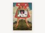Astronaut Chimp Television, surreal chimpanzee astronaut collage, animal canvas wall art print, front view