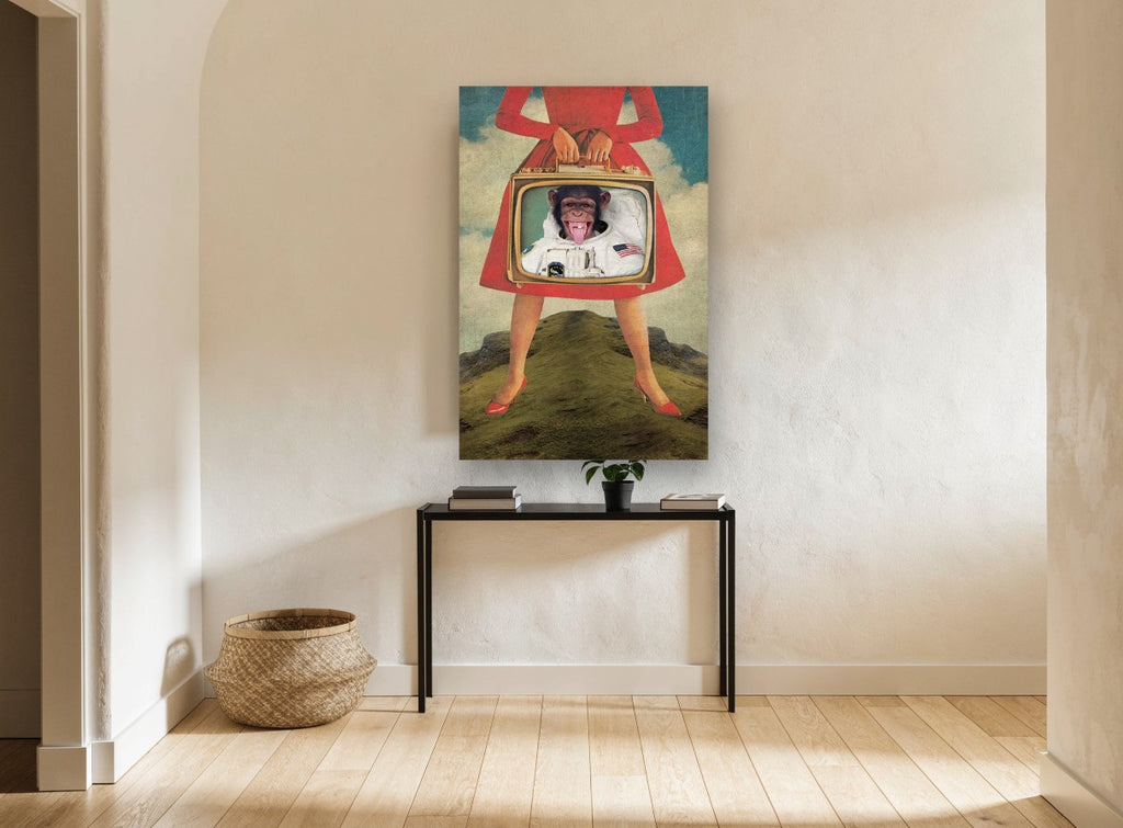 Astronaut Chimp Television animal canvas print on the wall of a hallway