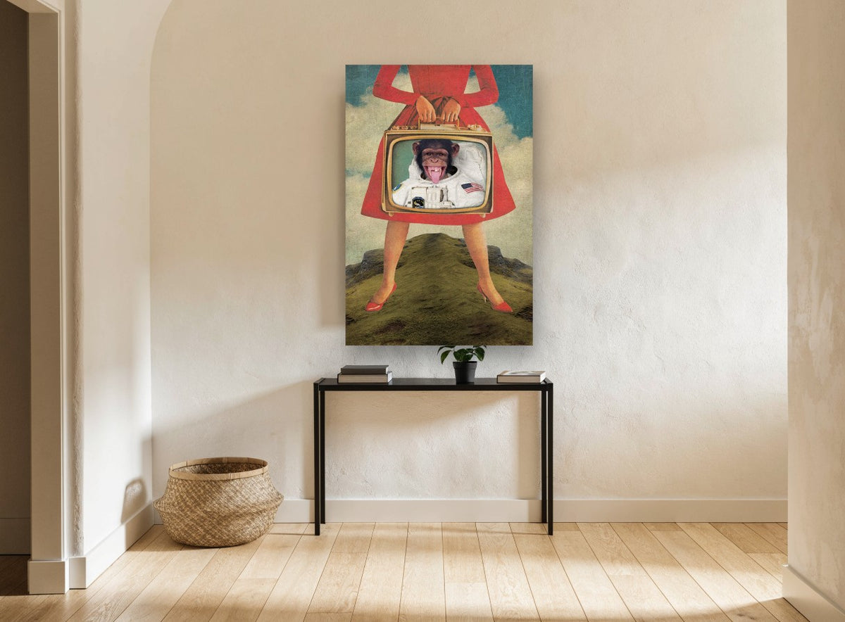 Astronaut Chimp Television animal canvas print on the wall of a hallway