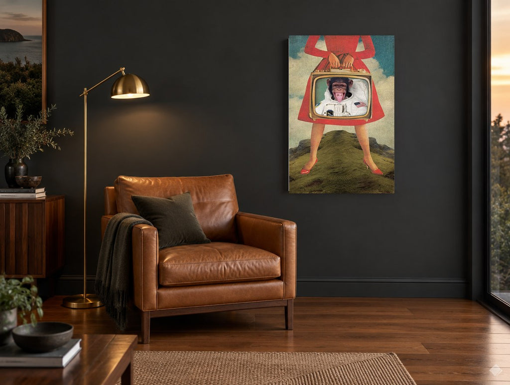 Astronaut Chimp Television animal canvas print on the wall of a charcoal living room