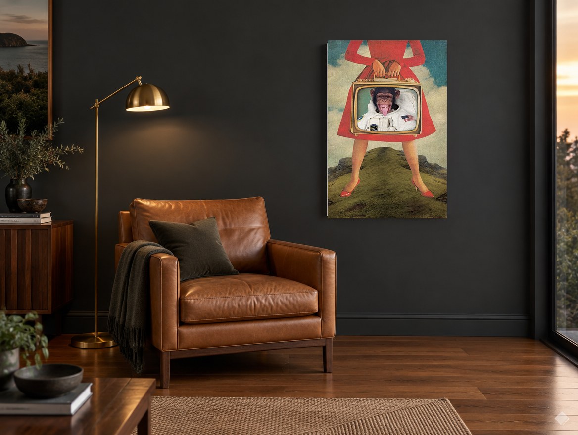 Astronaut Chimp Television animal canvas print on the wall of a charcoal living room