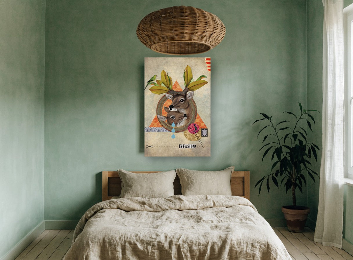 Deer Collage Invasion animal canvas print on the wall of a bedroom