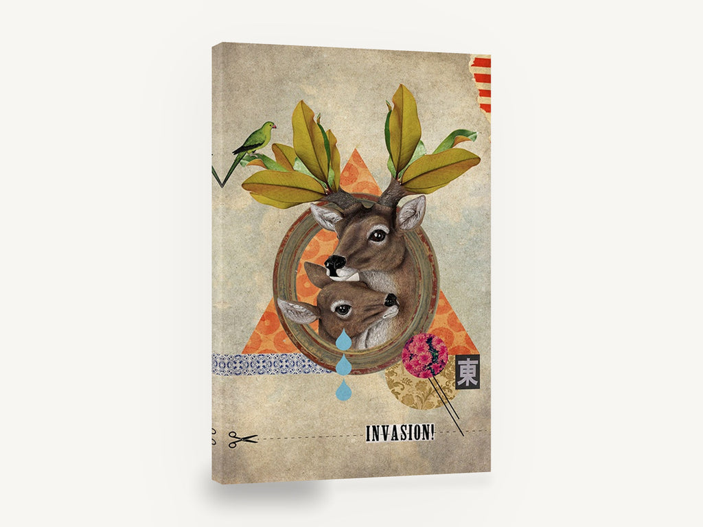 Deer Collage Invasion, deer collage illustration, animal canvas wall art print ready to hang
