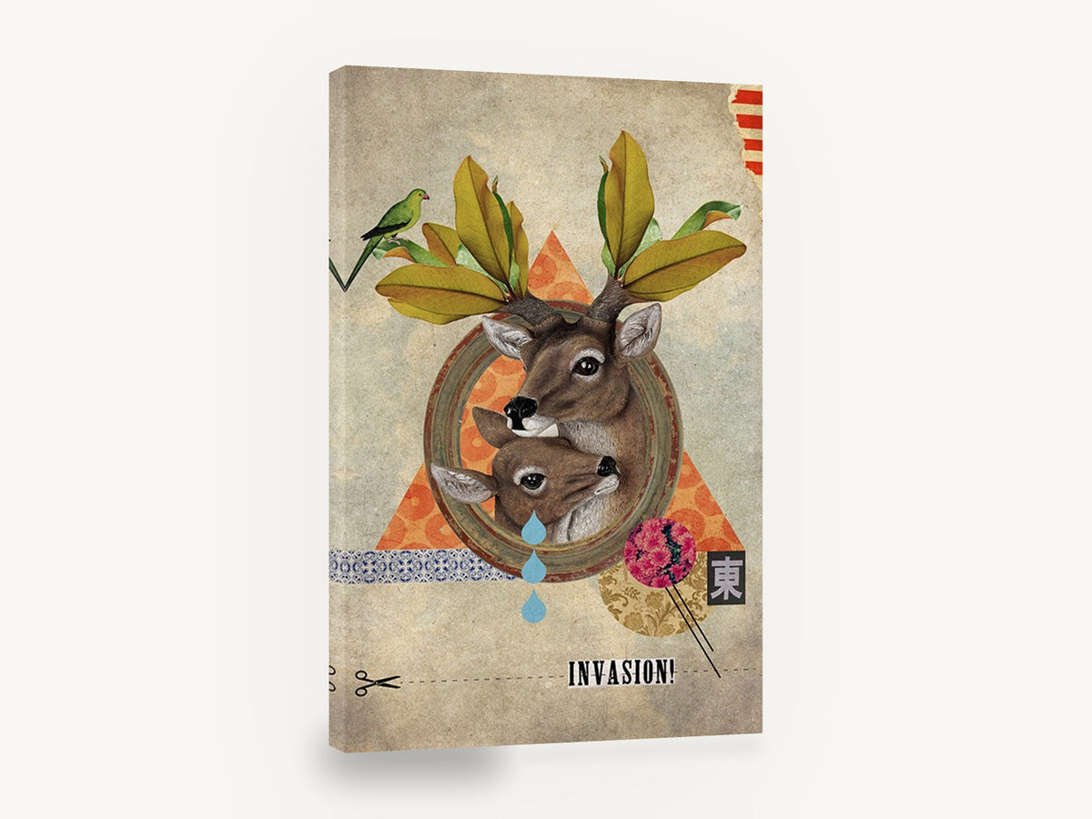 Deer Collage Invasion, deer collage illustration, animal canvas wall art print ready to hang