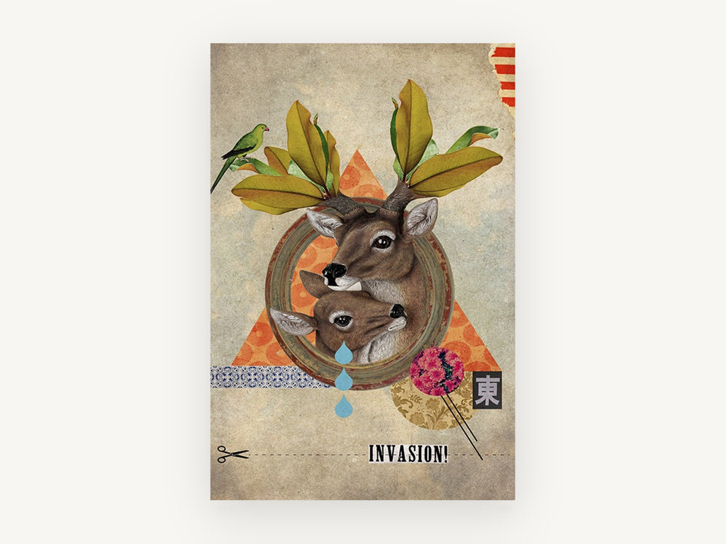 Deer Collage Invasion, deer collage illustration, animal canvas wall art print, front view