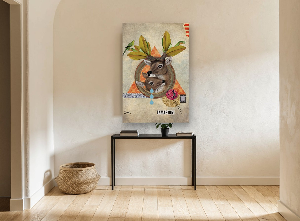Deer Collage Invasion animal canvas print on the wall of a hallway