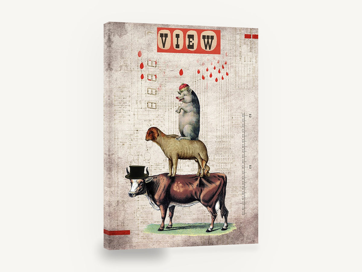 Farmyard Stack Collage, vintage farm animal collage illustration, animal canvas wall art print ready to hang