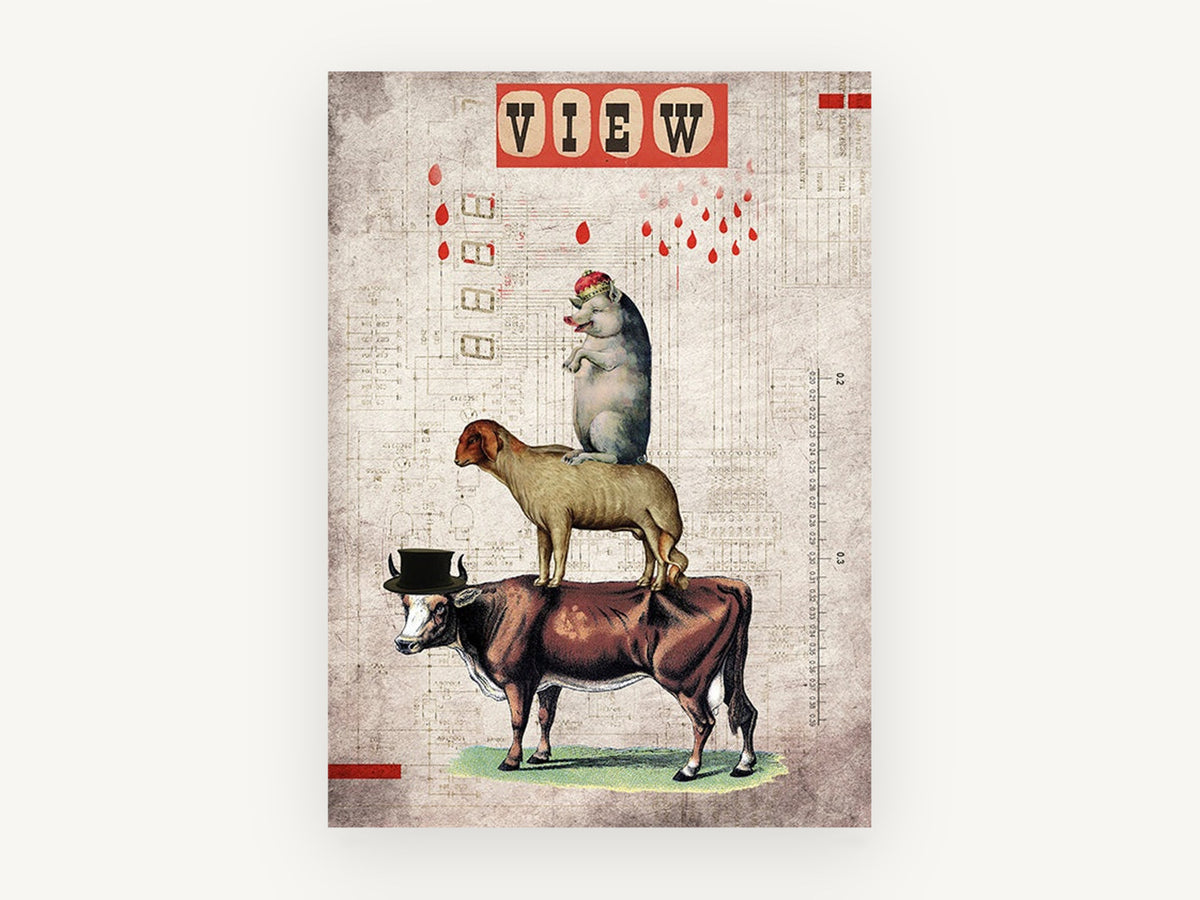 Farmyard Stack Collage, vintage farm animal collage illustration, animal canvas wall art print, front view
