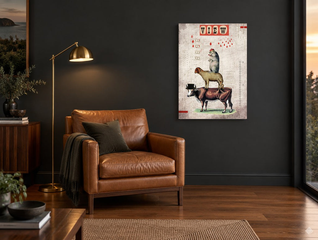 Farmyard Stack Collage animal canvas print on the wall of a charcoal living room