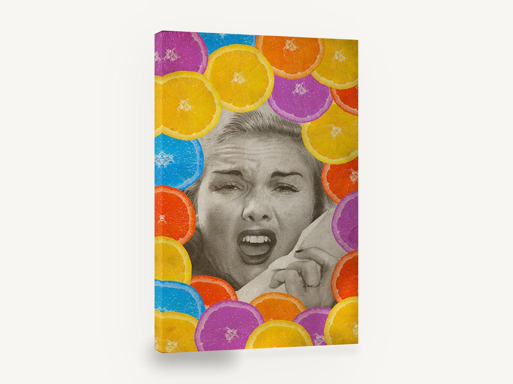 Citrus Sneeze, citrus slices retro collage portrait, kitchen canvas wall art print ready to hang