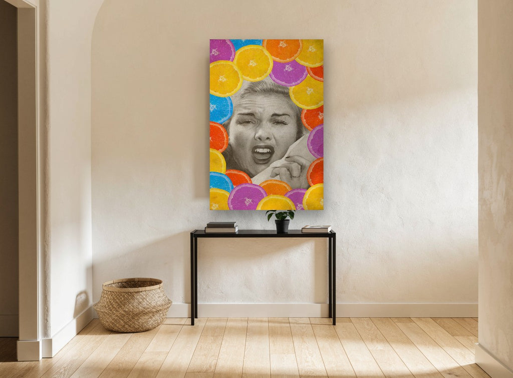 Citrus Sneeze kitchen canvas print on the wall of a hallway