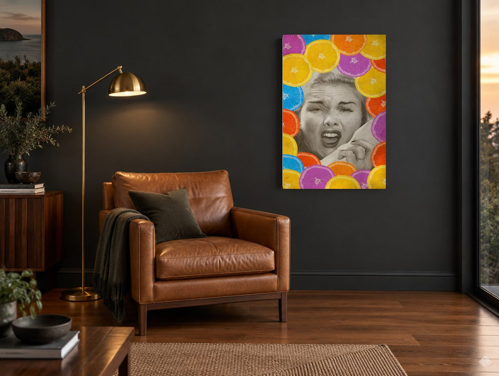 Citrus Sneeze kitchen canvas print on the wall of a charcoal living room