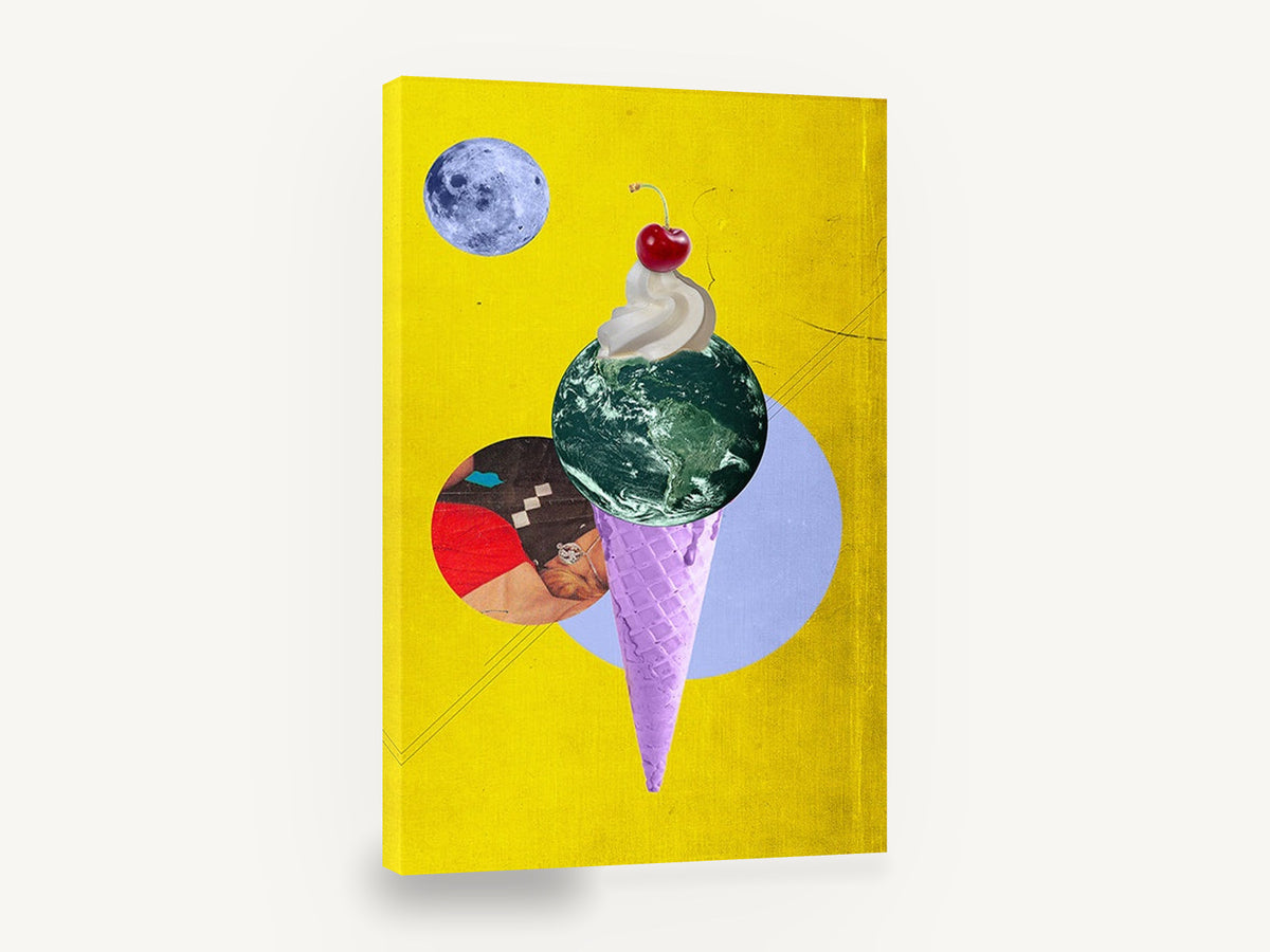 Earth Scoop Cone, earth ice cream cone collage, kitchen canvas wall art print ready to hang