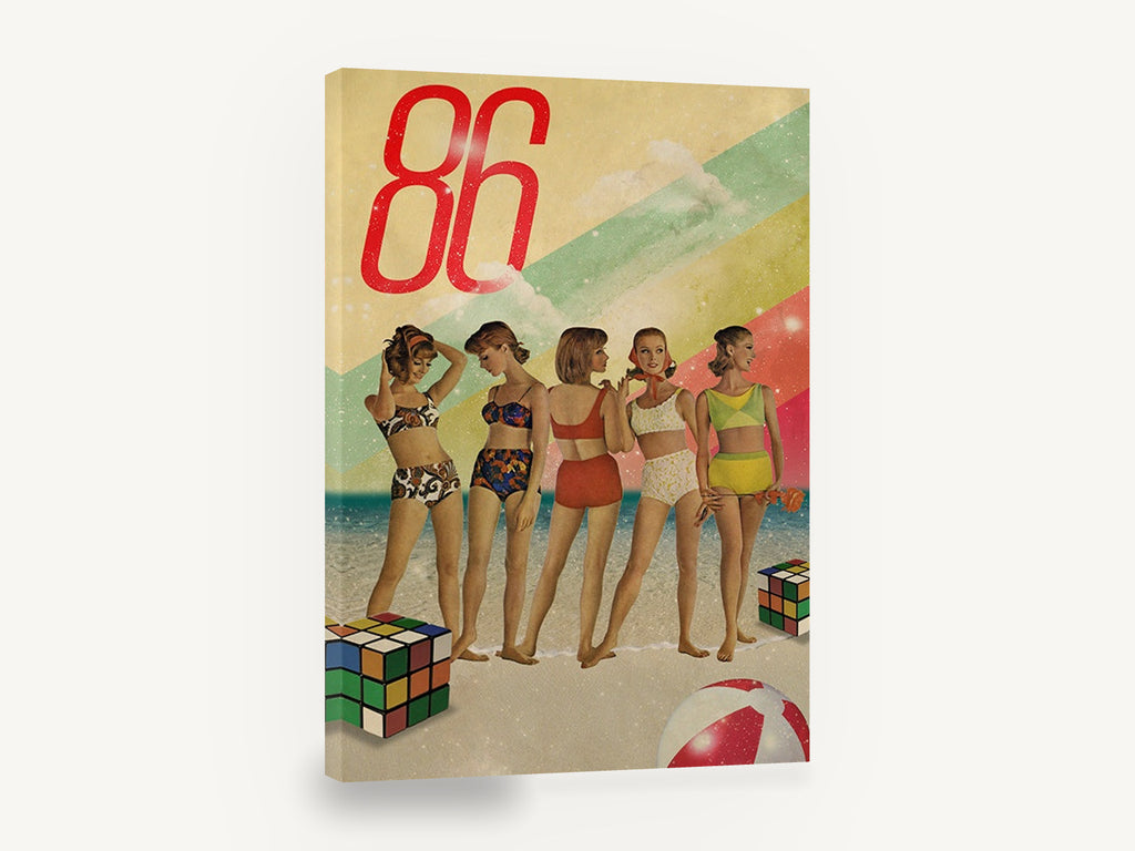 Retro Beach Line-Up, retro beach women collage, coastal canvas wall art print ready to hang