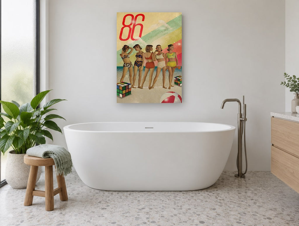Retro Beach Line-Up coastal canvas print on the wall of a bathroom