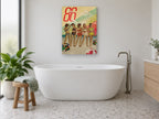 Retro Beach Line-Up coastal canvas print on the wall of a bathroom