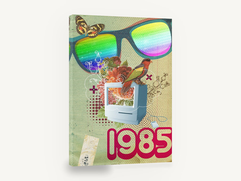 Retro Computer Collage, retro computer bird collage illustration, animal canvas wall art print ready to hang