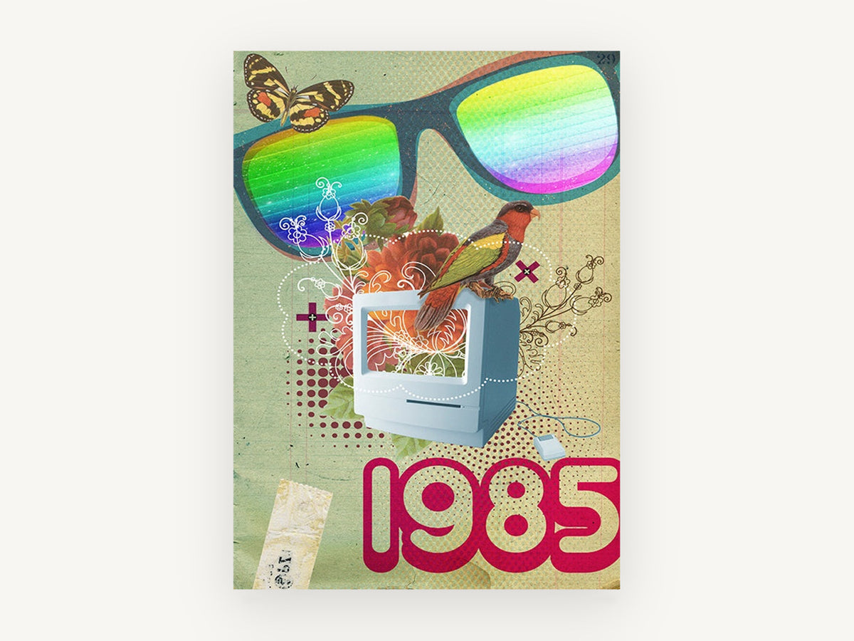 Retro Computer Collage, retro computer bird collage illustration, animal canvas wall art print, front view