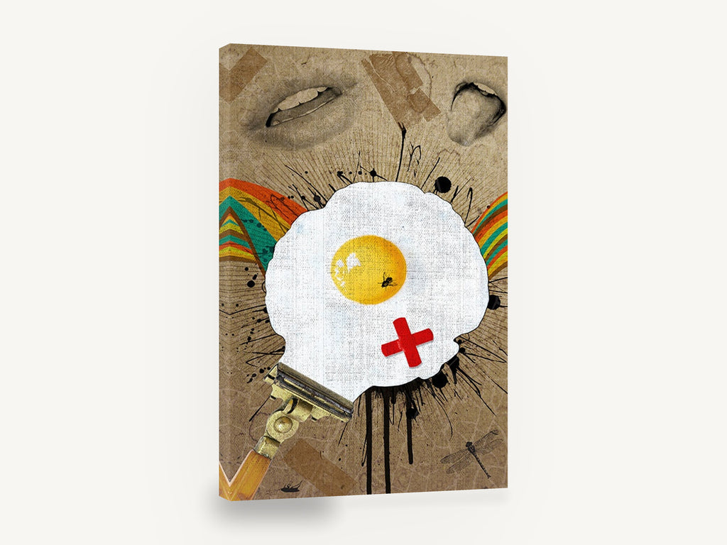 Razor Fried Egg, surreal fried egg collage kitchen, kitchen canvas wall art print ready to hang