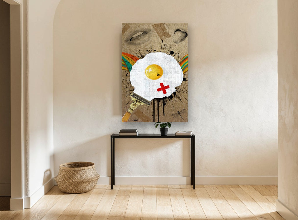 Razor Fried Egg kitchen canvas print on the wall of a hallway